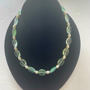 Pearls & Aquamarine Dyed Crystal Necklace /Sterling Silver Enamel Clasp